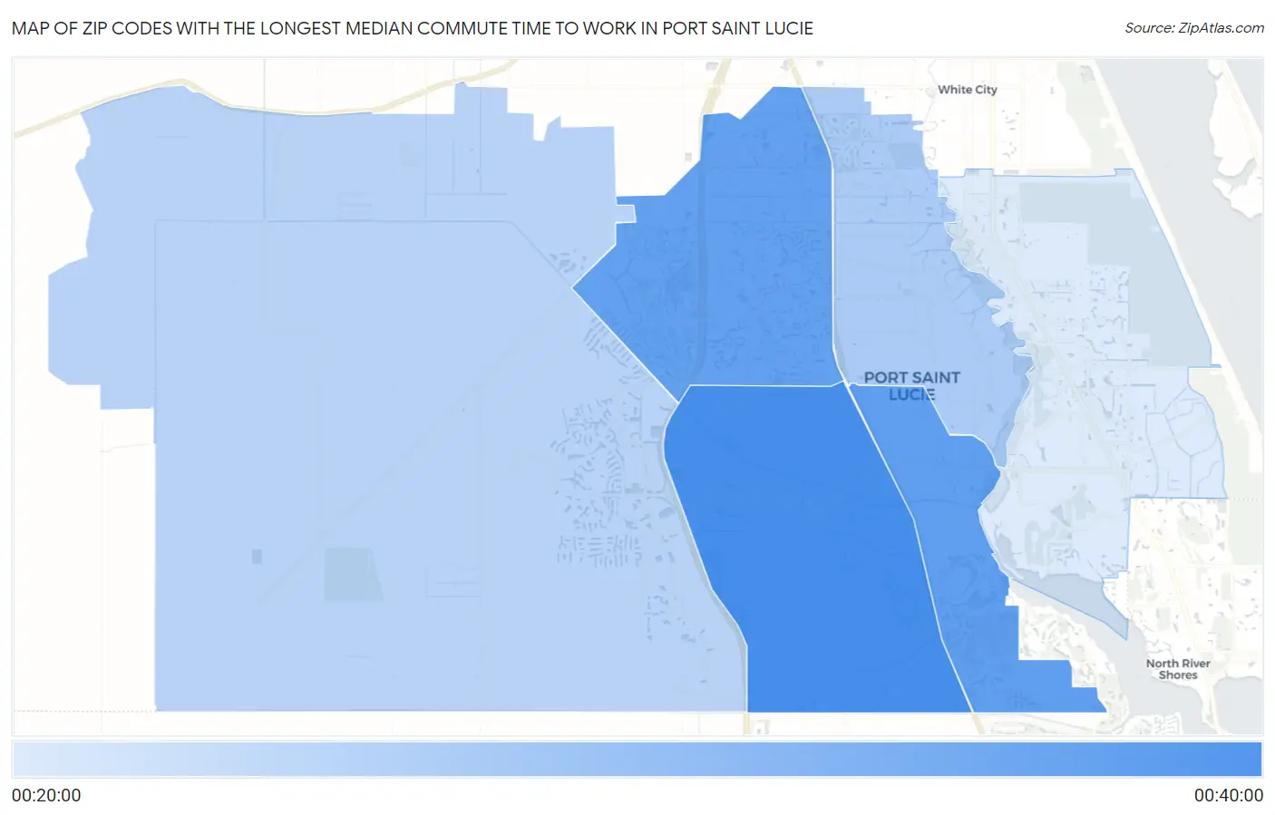 Zip Codes with the Longest Median Commute Time to Work in Port Saint Lucie Map