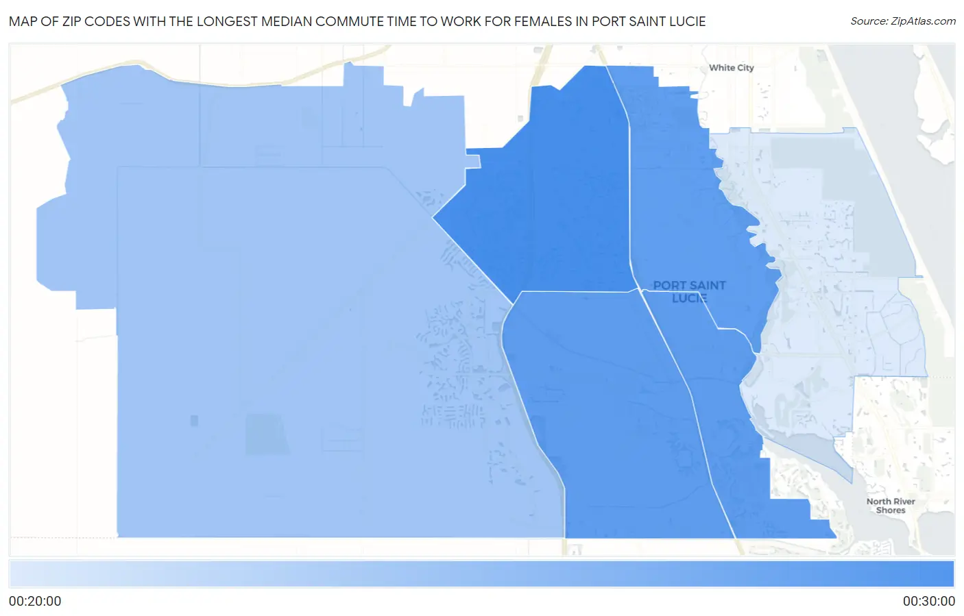 Zip Codes with the Longest Median Commute Time to Work for Females in Port Saint Lucie Map