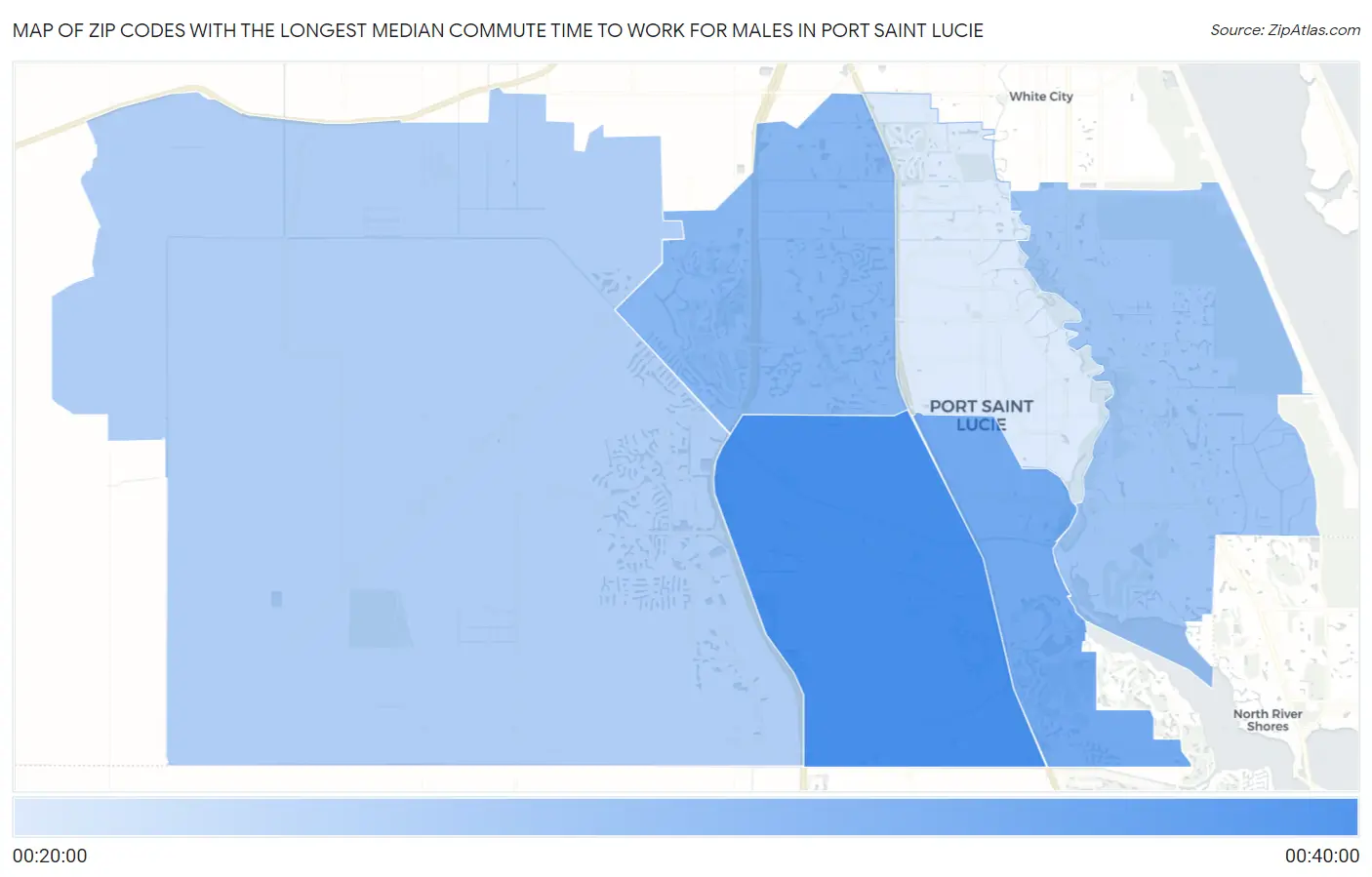 Zip Codes with the Longest Median Commute Time to Work for Males in Port Saint Lucie Map