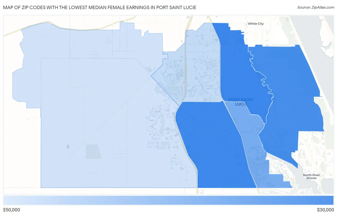 Zip Codes with the Lowest Median Female Earnings in Port Saint Lucie Map