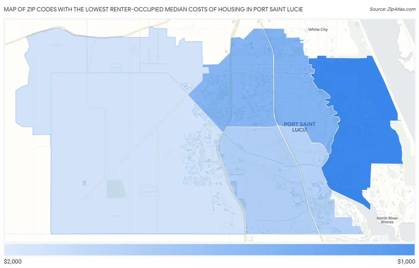 Zip Codes with the Lowest Renter-Occupied Median Costs of Housing in Port Saint Lucie Map