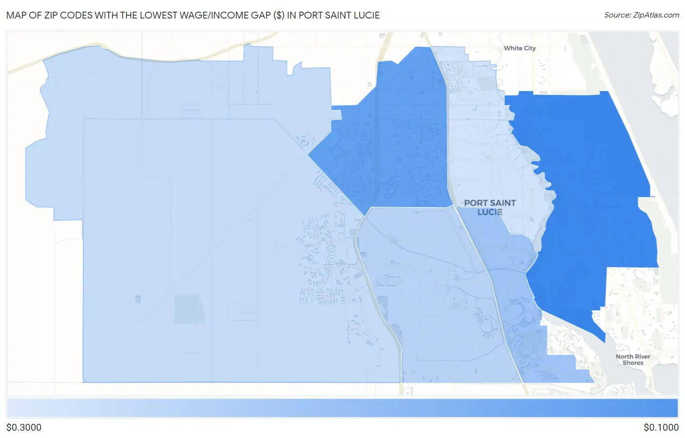 Zip Codes with the Lowest Wage/Income Gap ($) in Port Saint Lucie Map