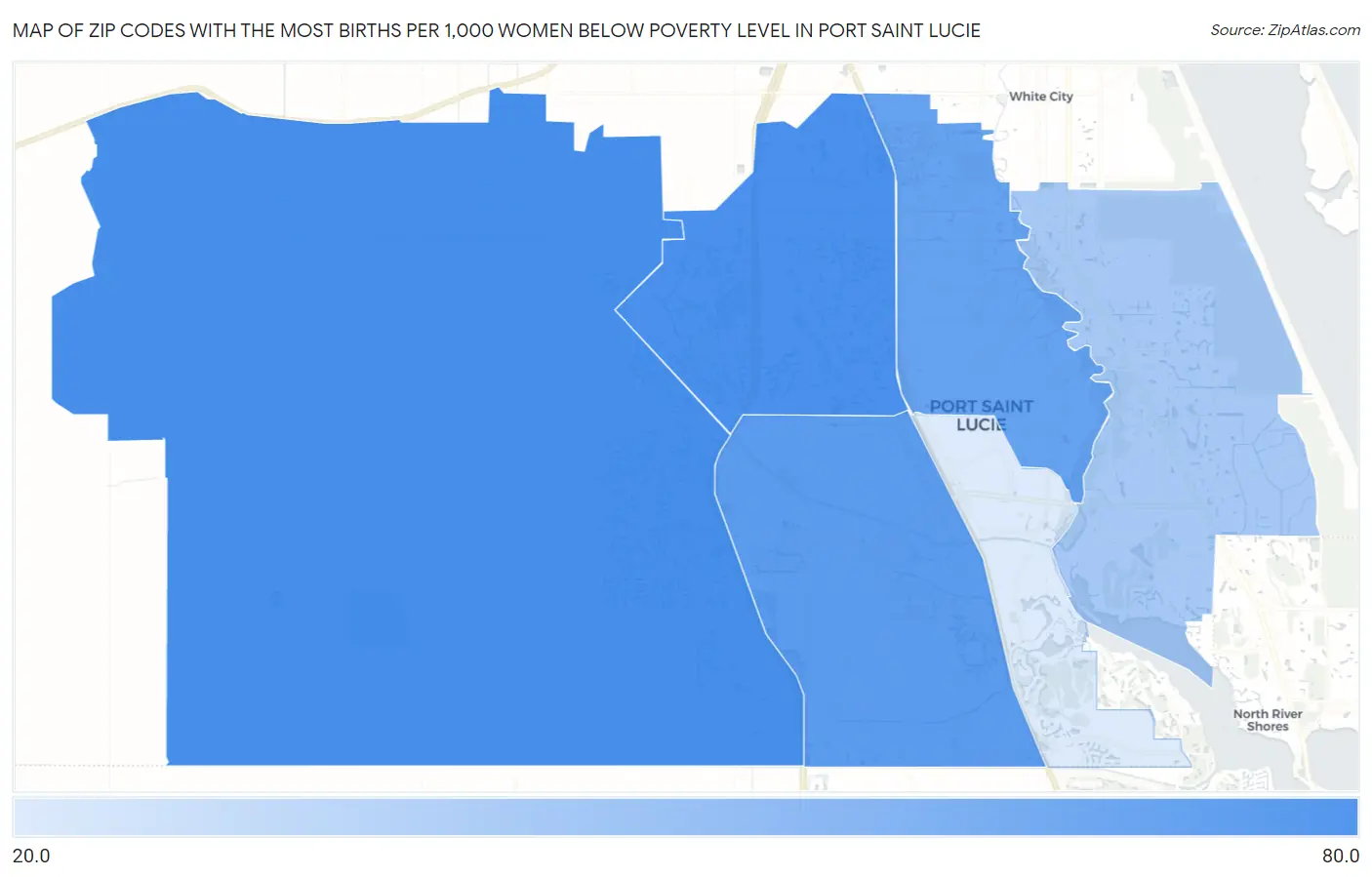 Zip Codes with the Most Births per 1,000 Women Below Poverty Level in Port Saint Lucie Map
