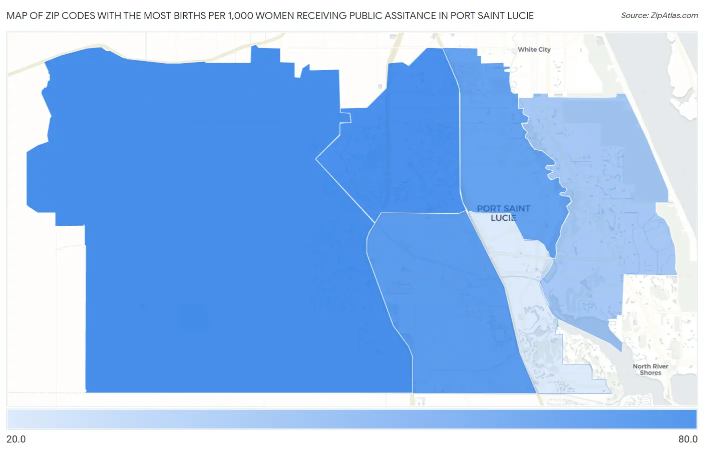 Zip Codes with the Most Births per 1,000 Women Receiving Public Assitance in Port Saint Lucie Map