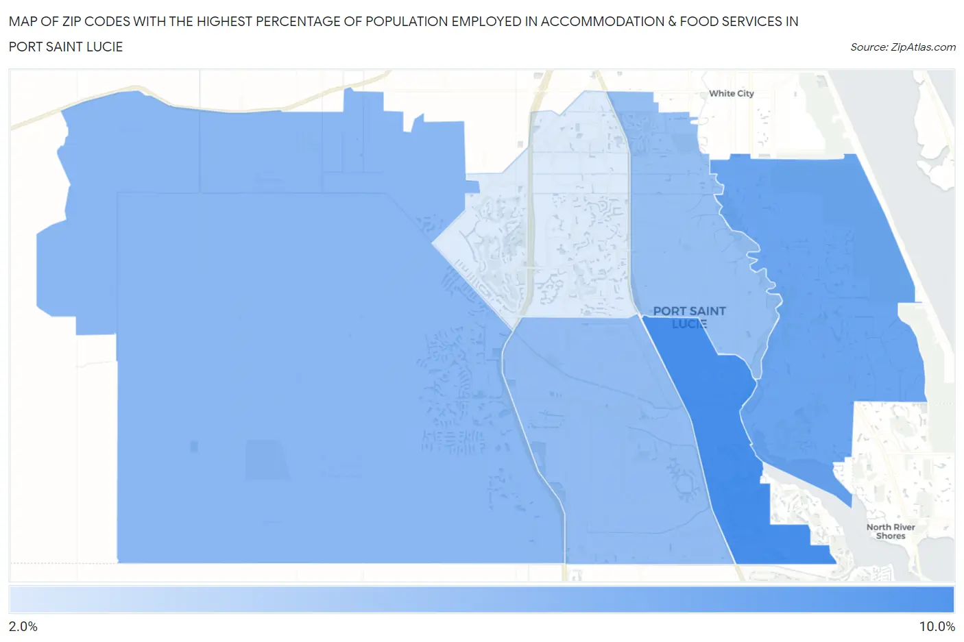 Zip Codes with the Highest Percentage of Population Employed in Accommodation & Food Services in Port Saint Lucie Map