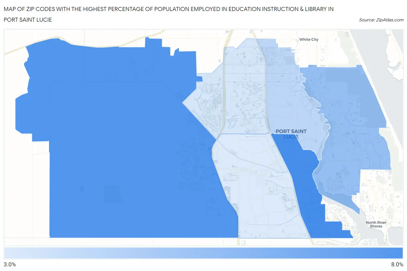 Zip Codes with the Highest Percentage of Population Employed in Education Instruction & Library in Port Saint Lucie Map