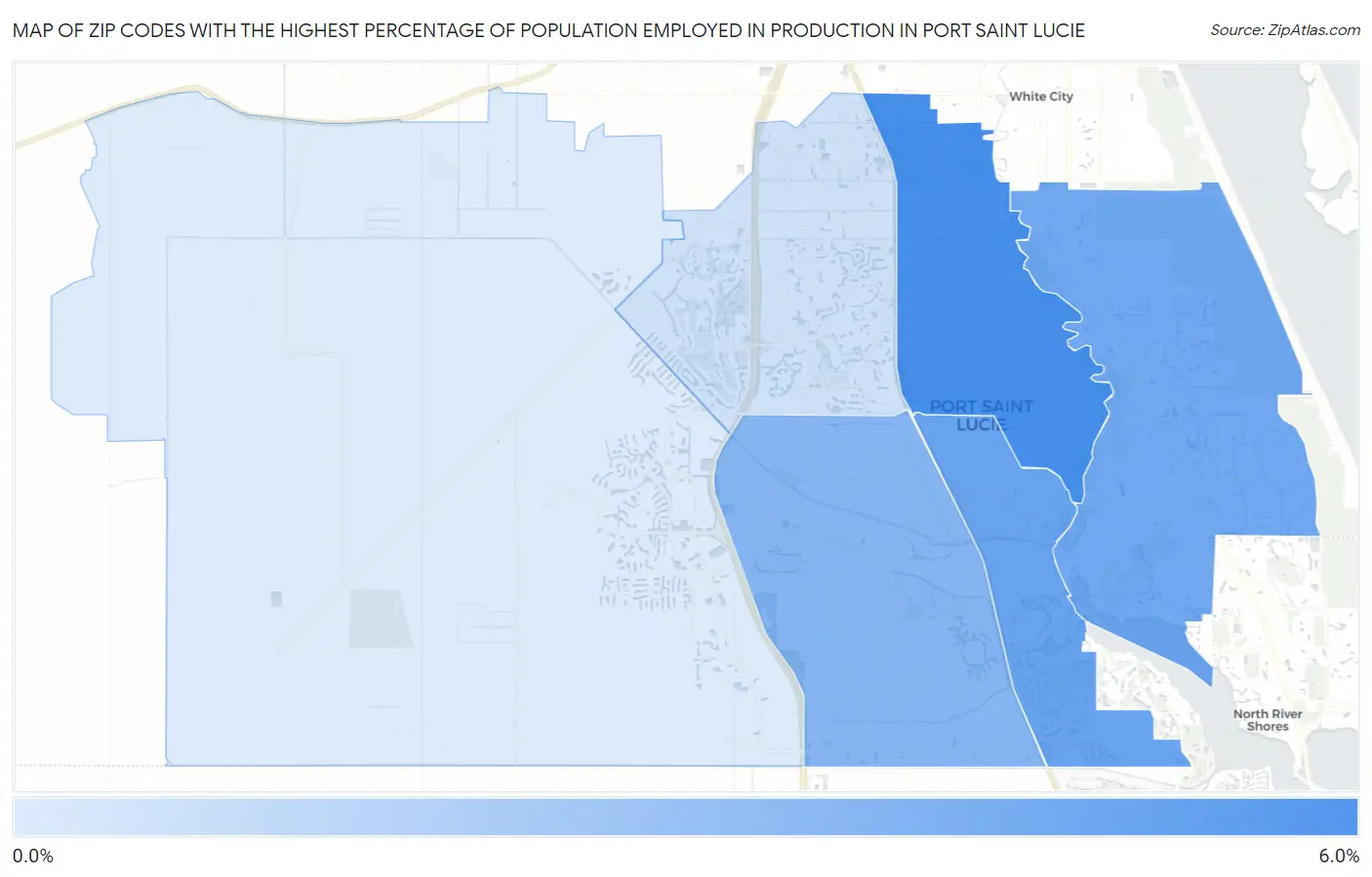 Zip Codes with the Highest Percentage of Population Employed in Production in Port Saint Lucie Map
