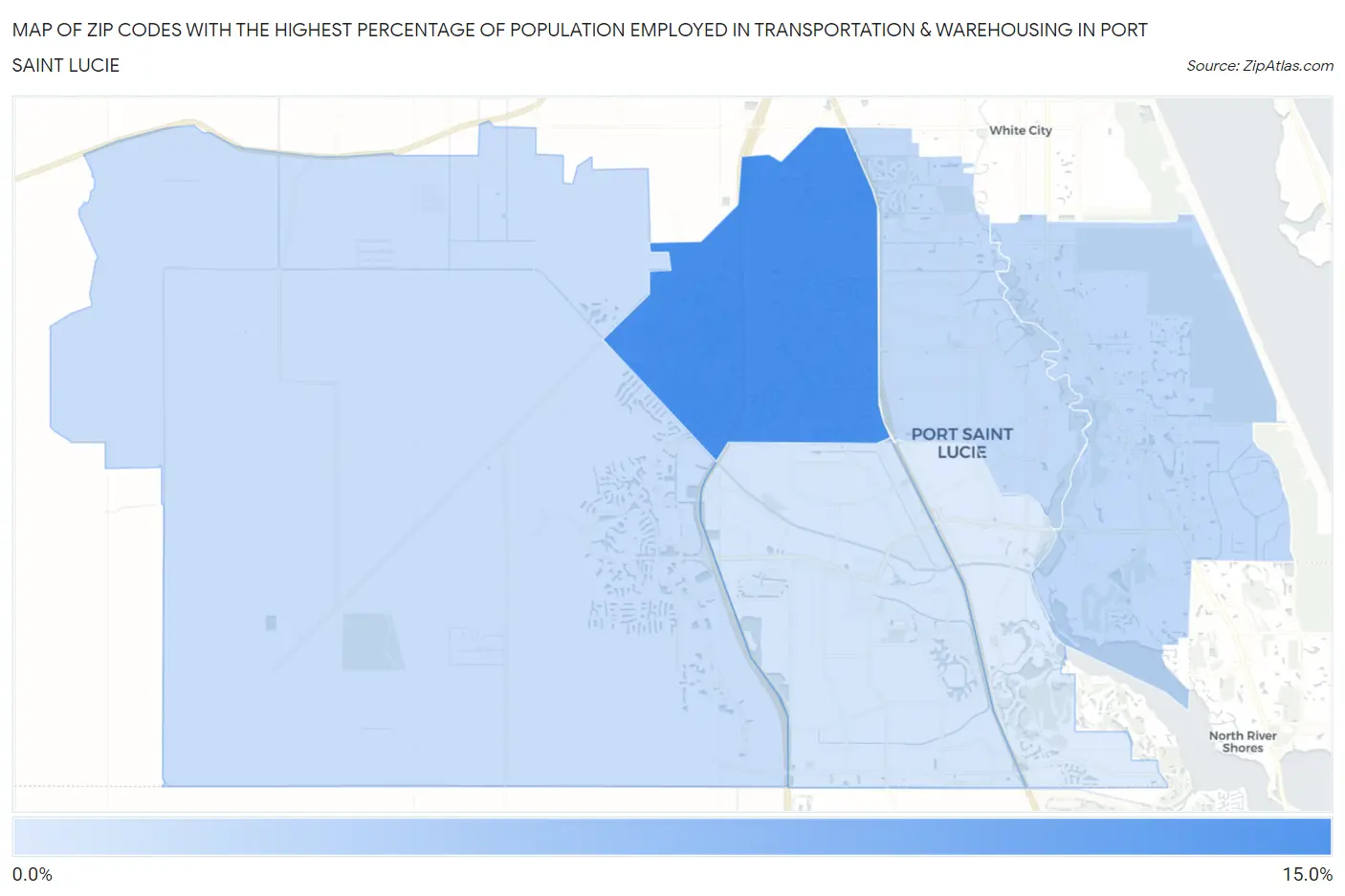Zip Codes with the Highest Percentage of Population Employed in Transportation & Warehousing in Port Saint Lucie Map