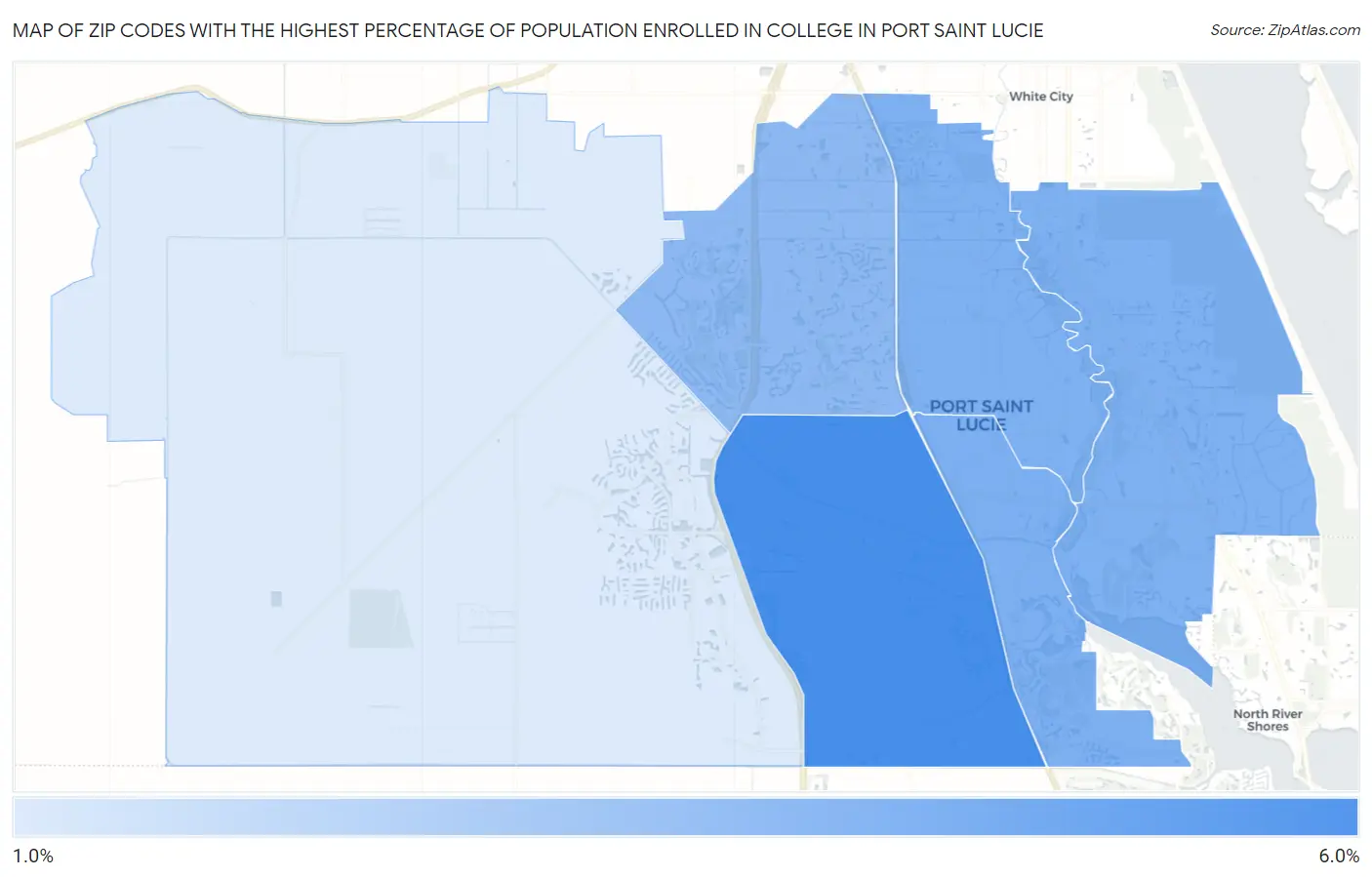 Zip Codes with the Highest Percentage of Population Enrolled in College in Port Saint Lucie Map