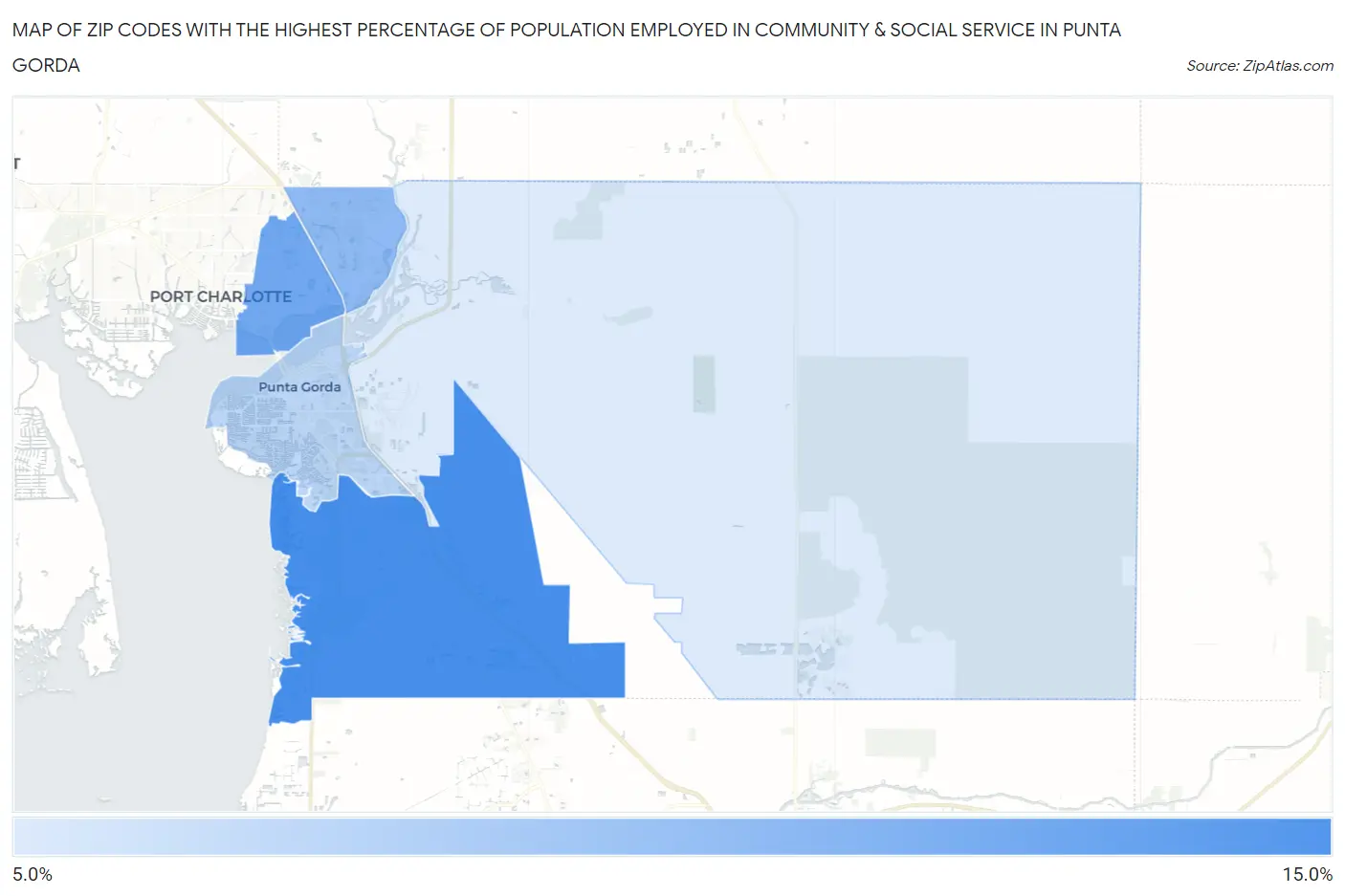 Zip Codes with the Highest Percentage of Population Employed in Community & Social Service  in Punta Gorda Map