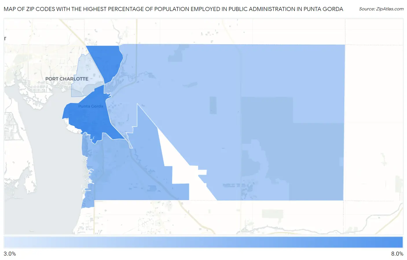 Zip Codes with the Highest Percentage of Population Employed in Public Administration in Punta Gorda Map