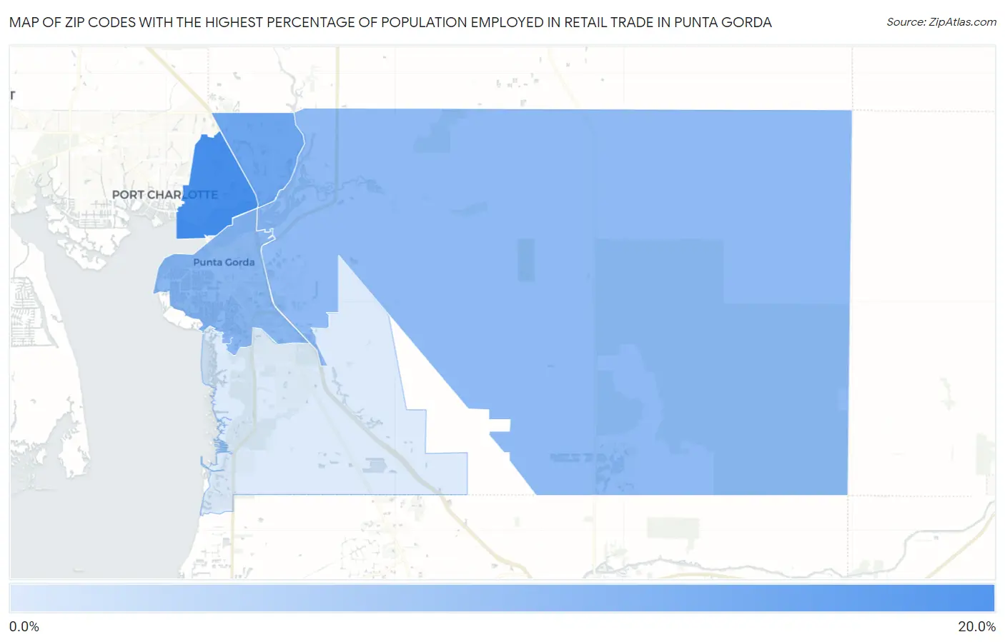 Zip Codes with the Highest Percentage of Population Employed in Retail Trade in Punta Gorda Map