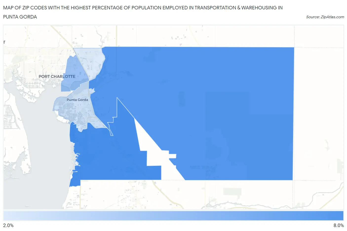 Zip Codes with the Highest Percentage of Population Employed in Transportation & Warehousing in Punta Gorda Map