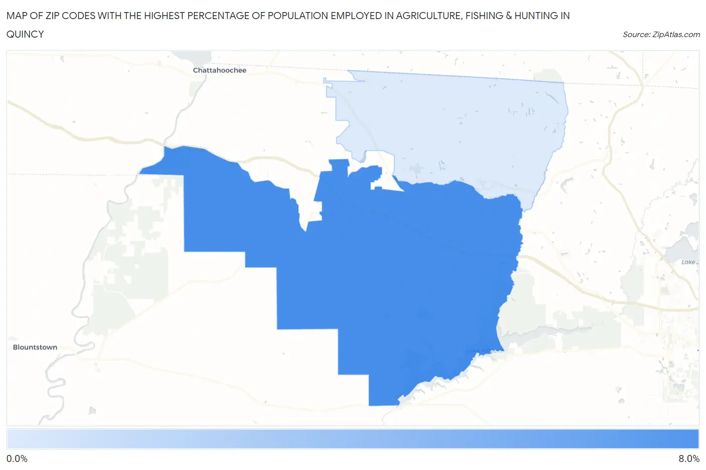 Zip Codes with the Highest Percentage of Population Employed in Agriculture, Fishing & Hunting in Quincy Map