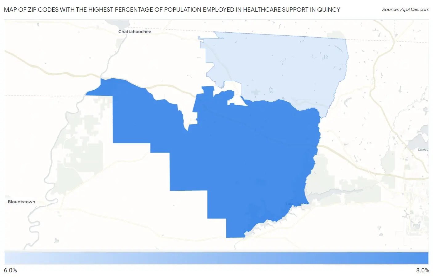 Zip Codes with the Highest Percentage of Population Employed in Healthcare Support in Quincy Map