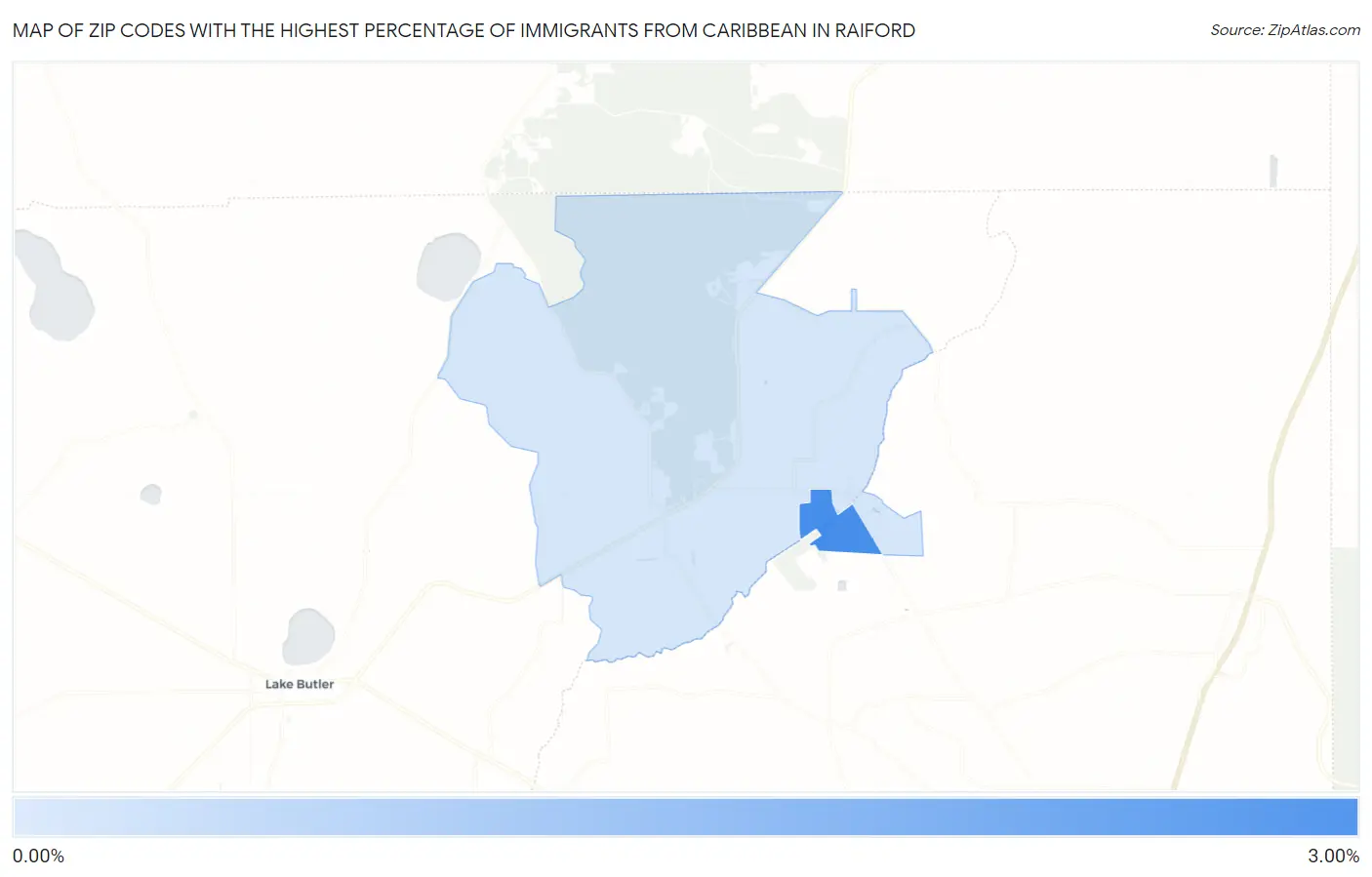 Zip Codes with the Highest Percentage of Immigrants from Caribbean in Raiford Map