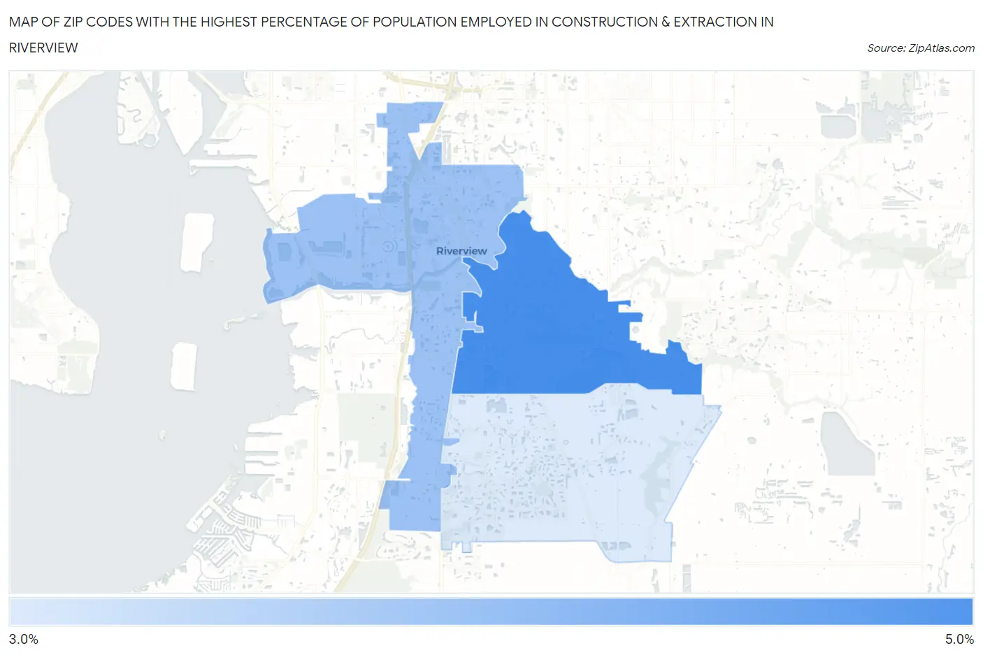 Zip Codes with the Highest Percentage of Population Employed in Construction & Extraction in Riverview Map
