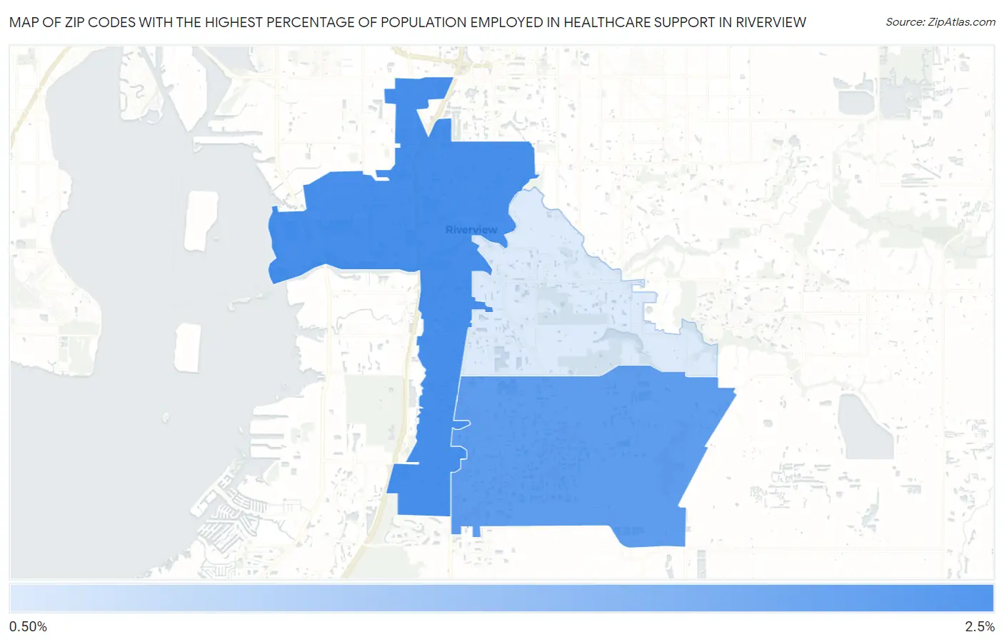 Zip Codes with the Highest Percentage of Population Employed in Healthcare Support in Riverview Map