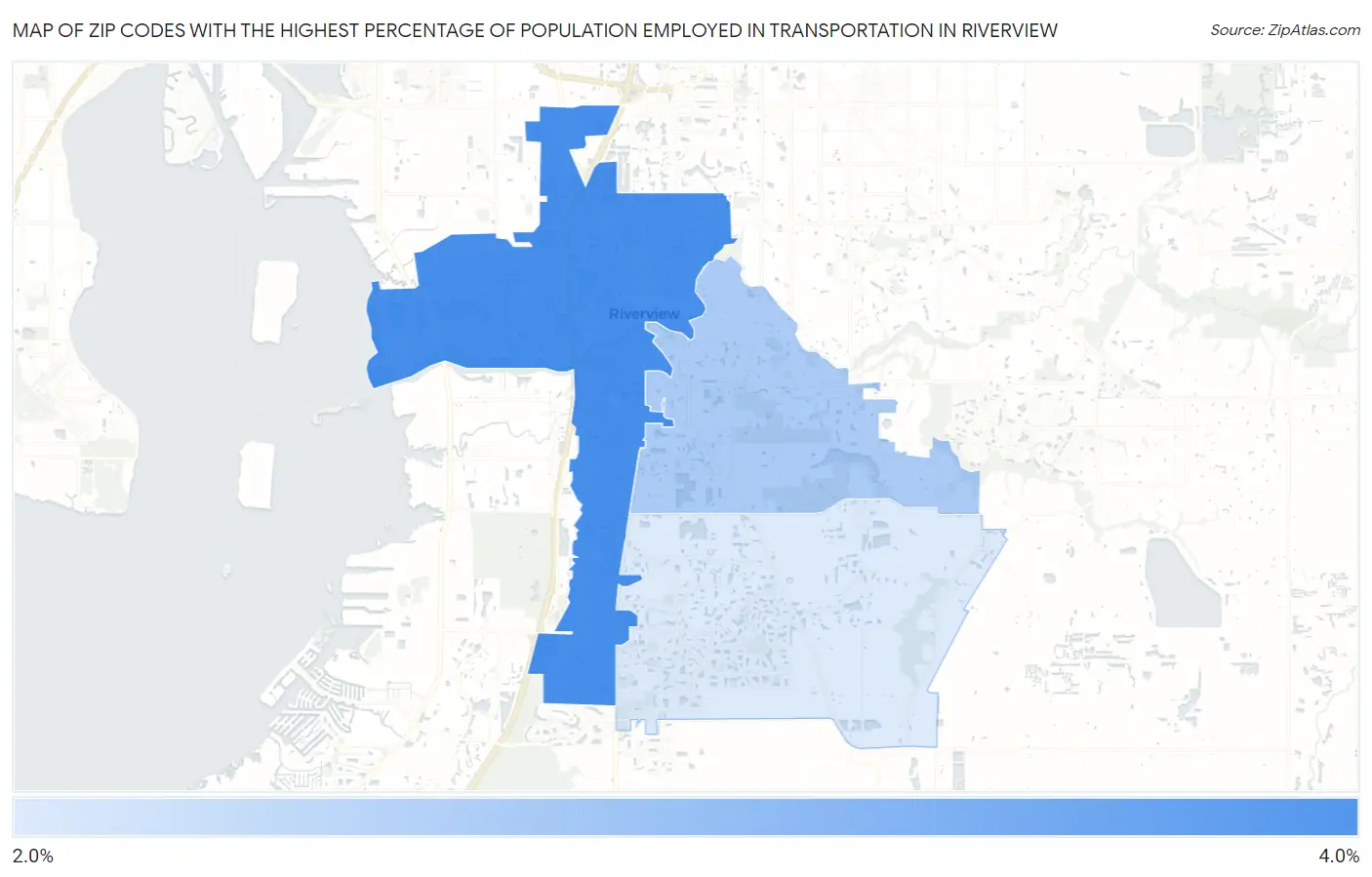 Zip Codes with the Highest Percentage of Population Employed in Transportation in Riverview Map