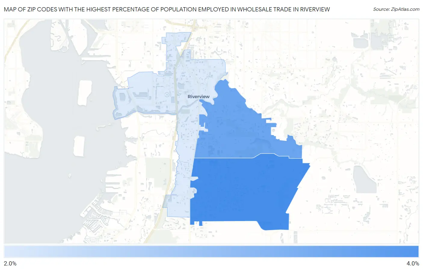 Zip Codes with the Highest Percentage of Population Employed in Wholesale Trade in Riverview Map