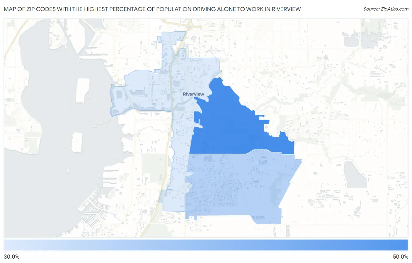 Zip Codes with the Highest Percentage of Population Driving Alone to Work in Riverview Map