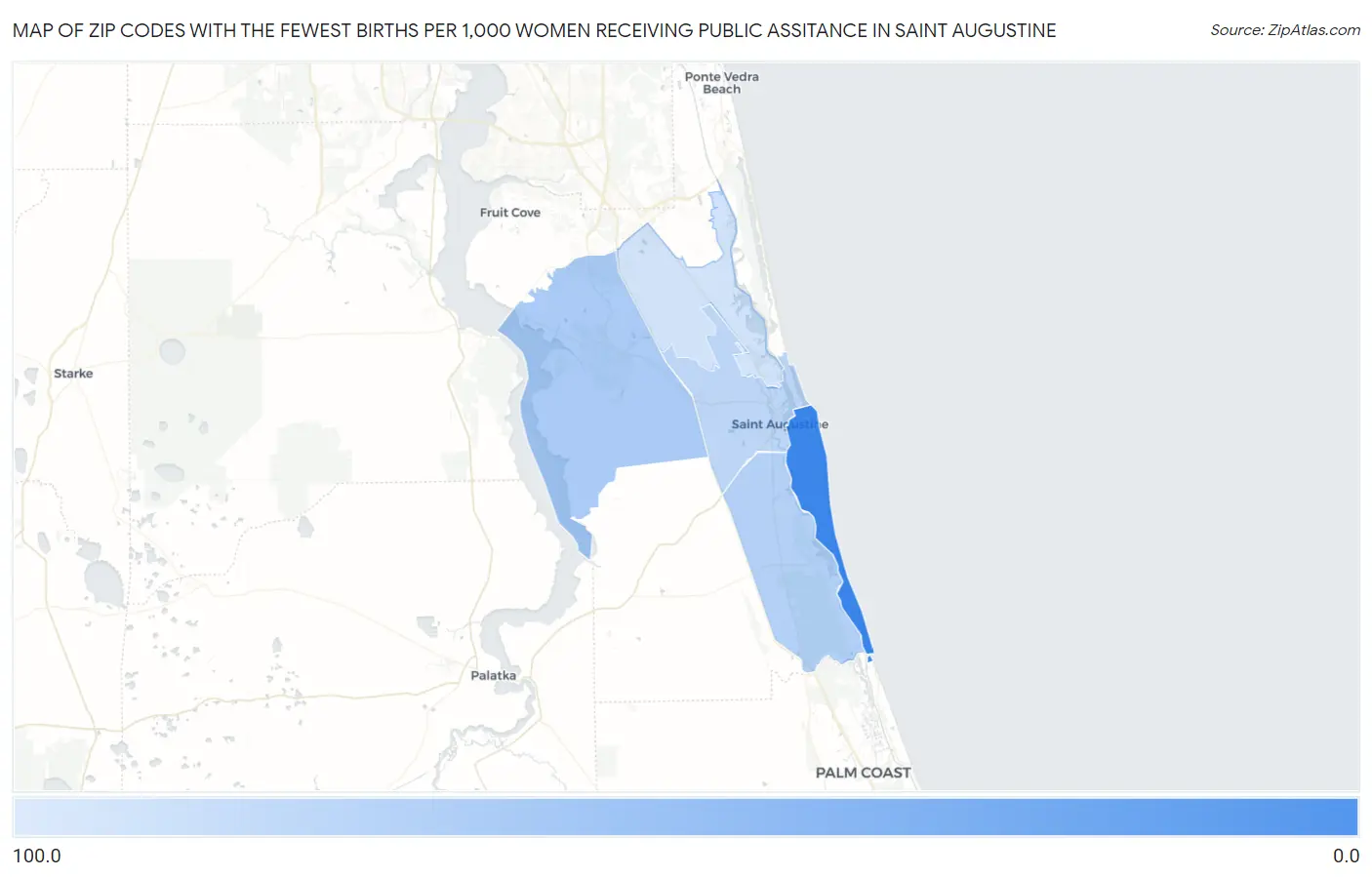 Zip Codes with the Fewest Births per 1,000 Women Receiving Public Assitance in Saint Augustine Map