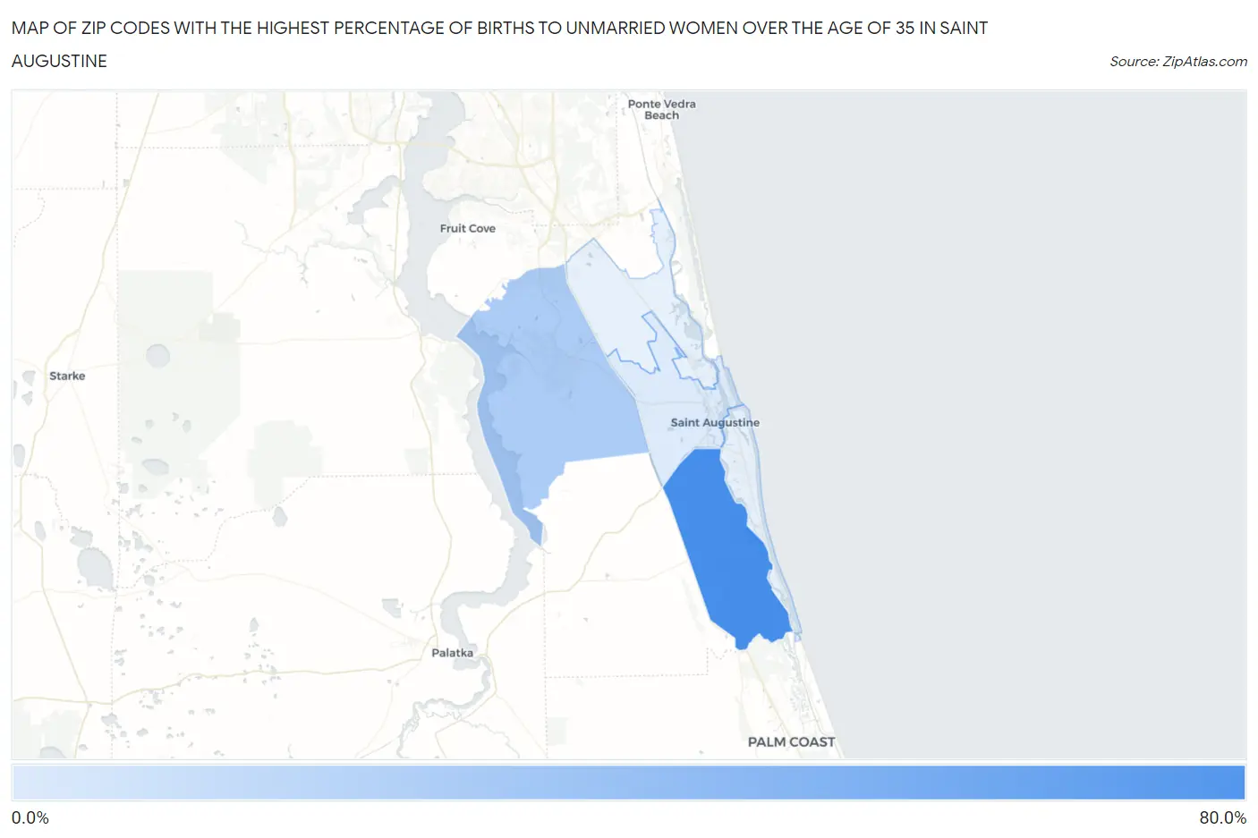 Zip Codes with the Highest Percentage of Births to Unmarried Women over the Age of 35 in Saint Augustine Map