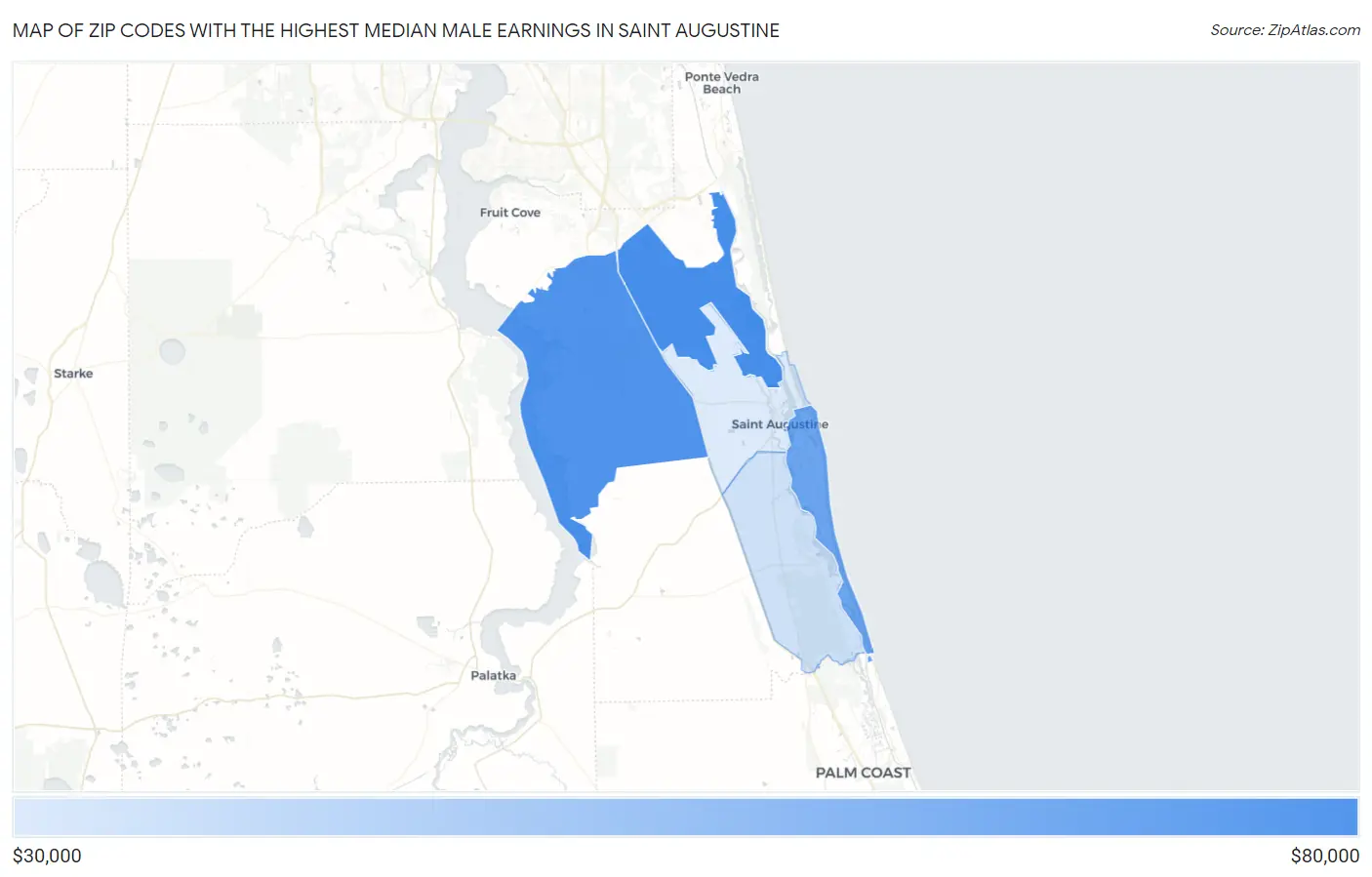 Zip Codes with the Highest Median Male Earnings in Saint Augustine Map