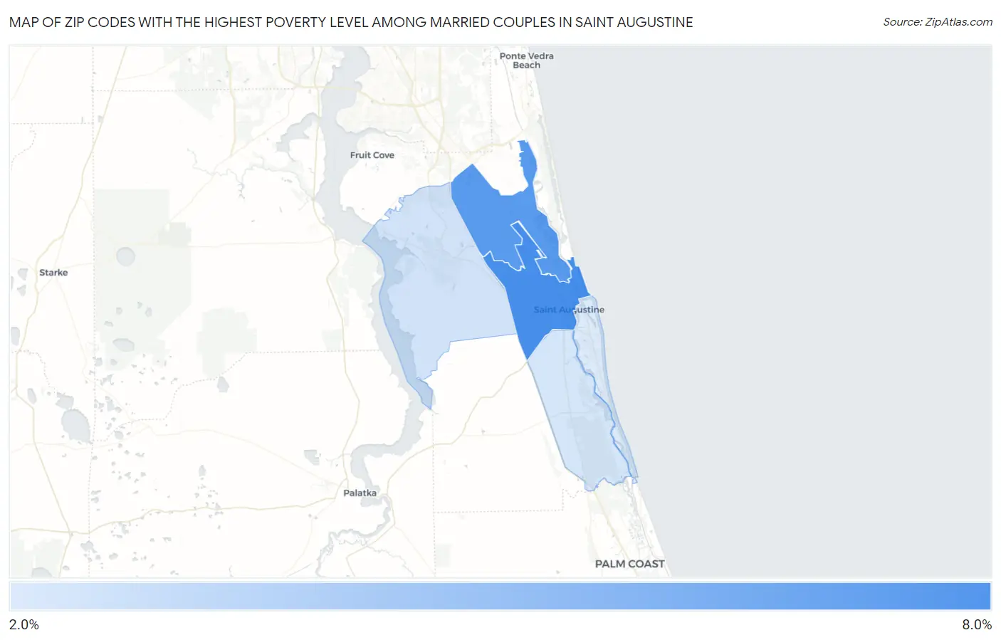 Zip Codes with the Highest Poverty Level Among Married Couples in Saint Augustine Map