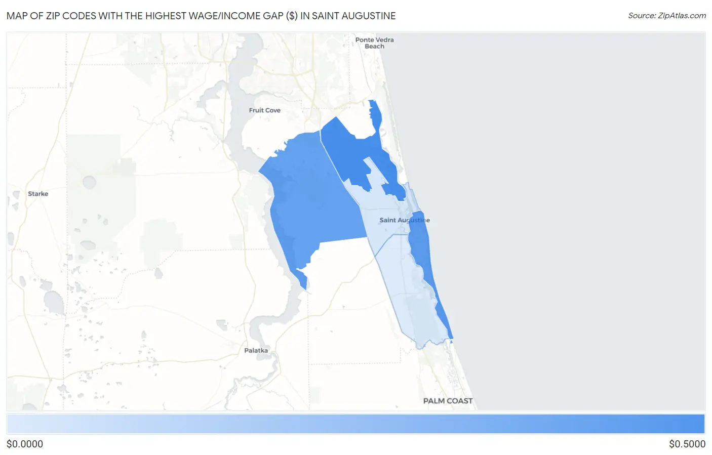 Zip Codes with the Highest Wage/Income Gap ($) in Saint Augustine Map
