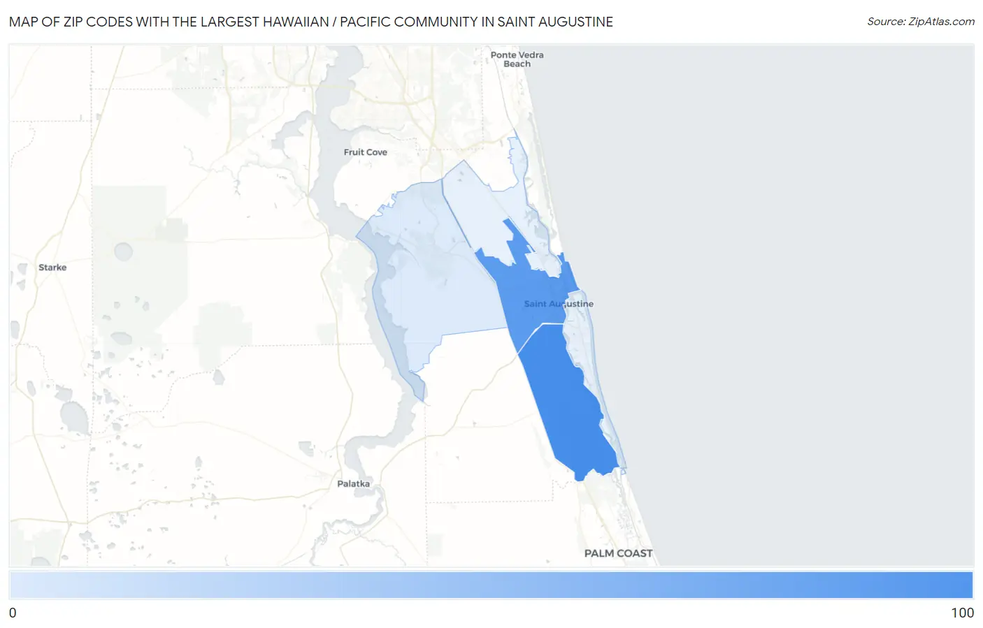 Zip Codes with the Largest Hawaiian / Pacific Community in Saint Augustine Map