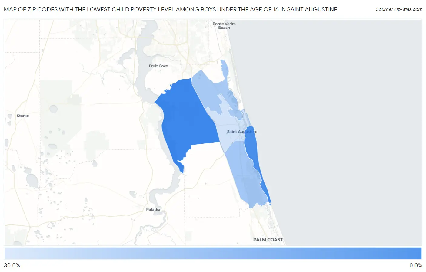 Zip Codes with the Lowest Child Poverty Level Among Boys Under the Age of 16 in Saint Augustine Map