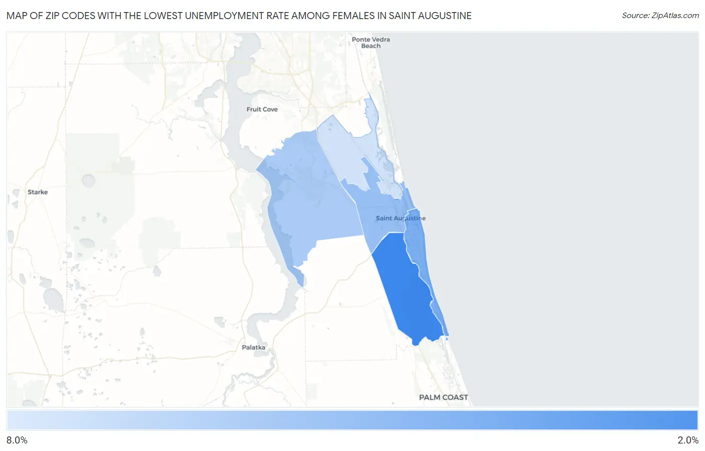 Zip Codes with the Lowest Unemployment Rate Among Females in Saint Augustine Map