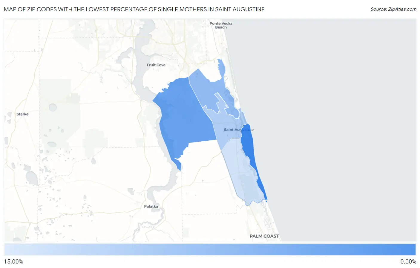Zip Codes with the Lowest Percentage of Single Mothers in Saint Augustine Map