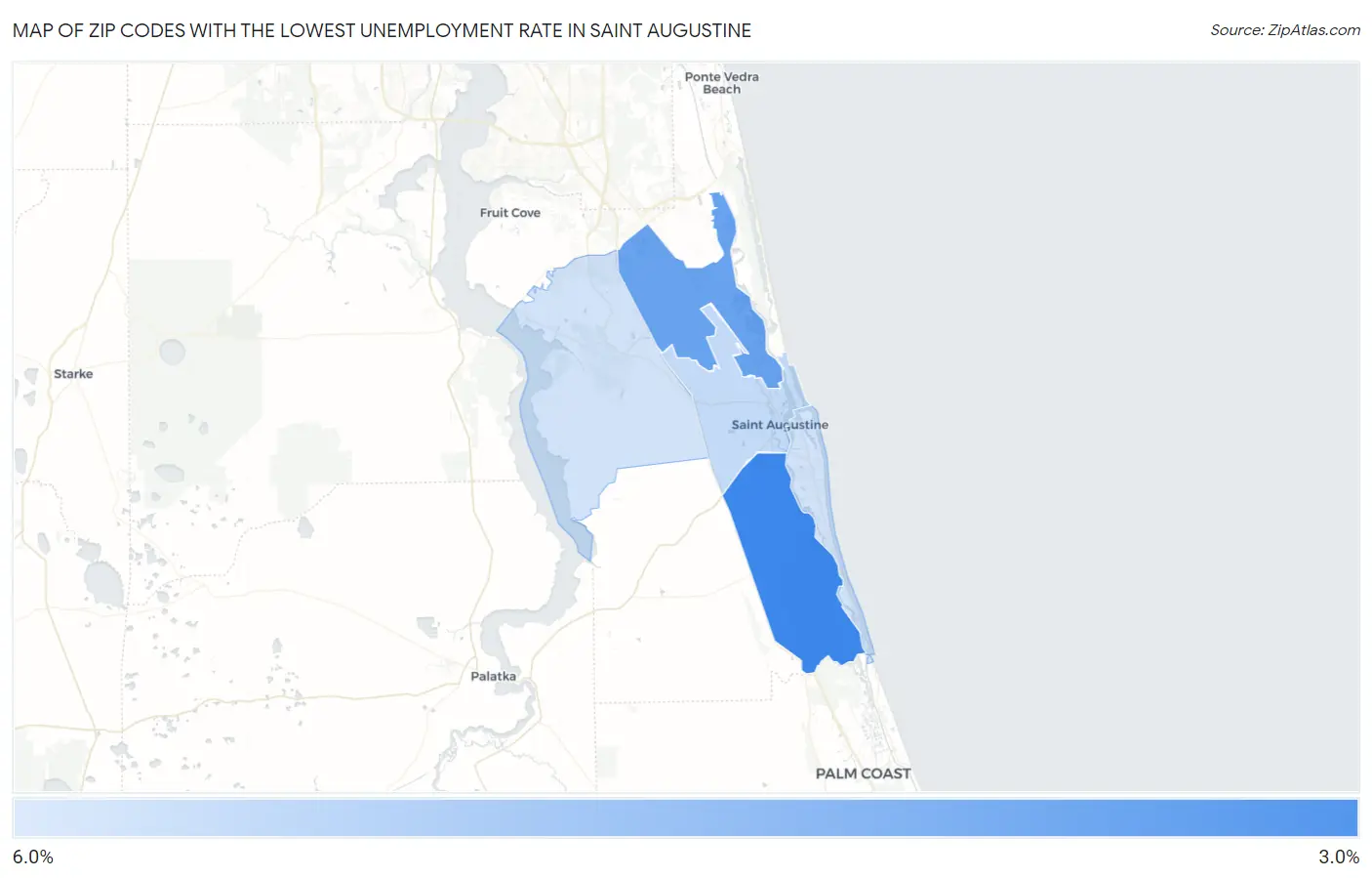 Zip Codes with the Lowest Unemployment Rate in Saint Augustine Map