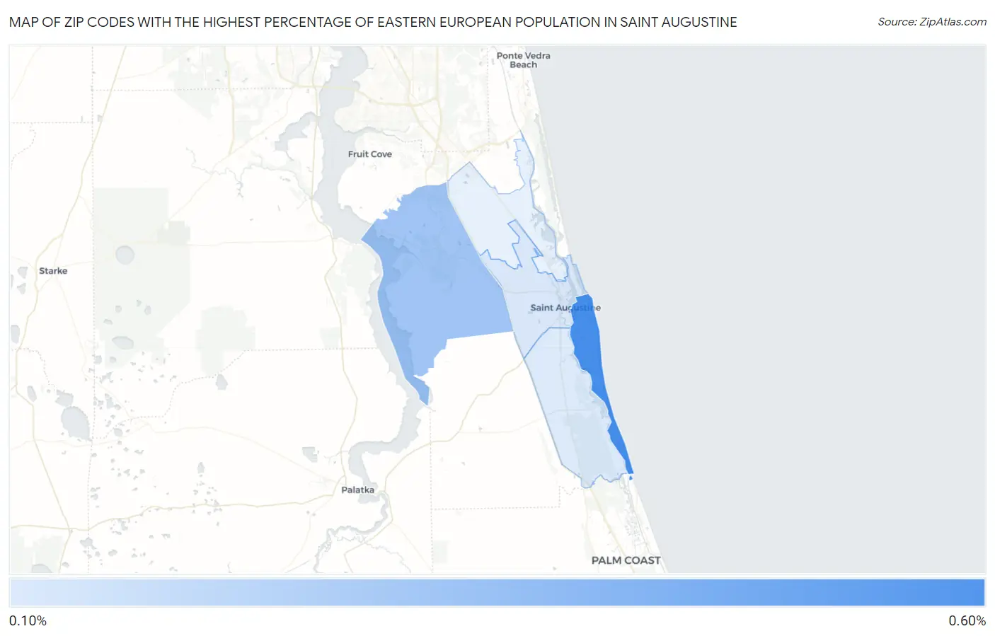 Zip Codes with the Highest Percentage of Eastern European Population in Saint Augustine Map
