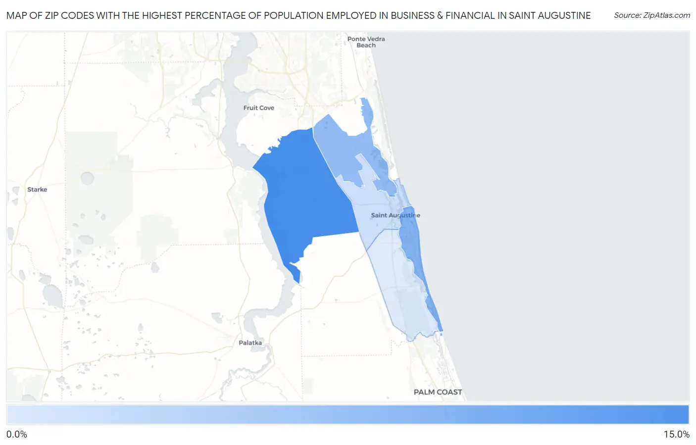 Zip Codes with the Highest Percentage of Population Employed in Business & Financial in Saint Augustine Map