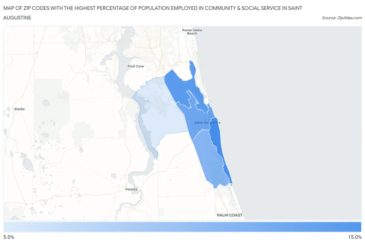 Zip Codes with the Highest Percentage of Population Employed in Community & Social Service  in Saint Augustine Map