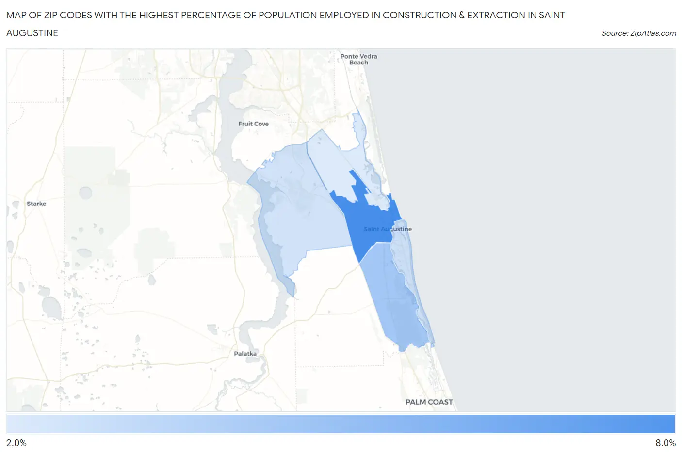 Zip Codes with the Highest Percentage of Population Employed in Construction & Extraction in Saint Augustine Map