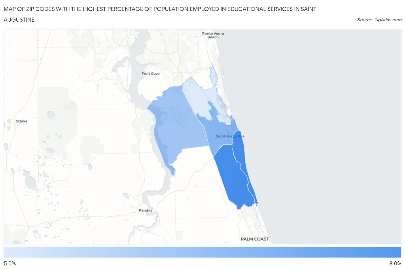 Zip Codes with the Highest Percentage of Population Employed in Educational Services in Saint Augustine Map
