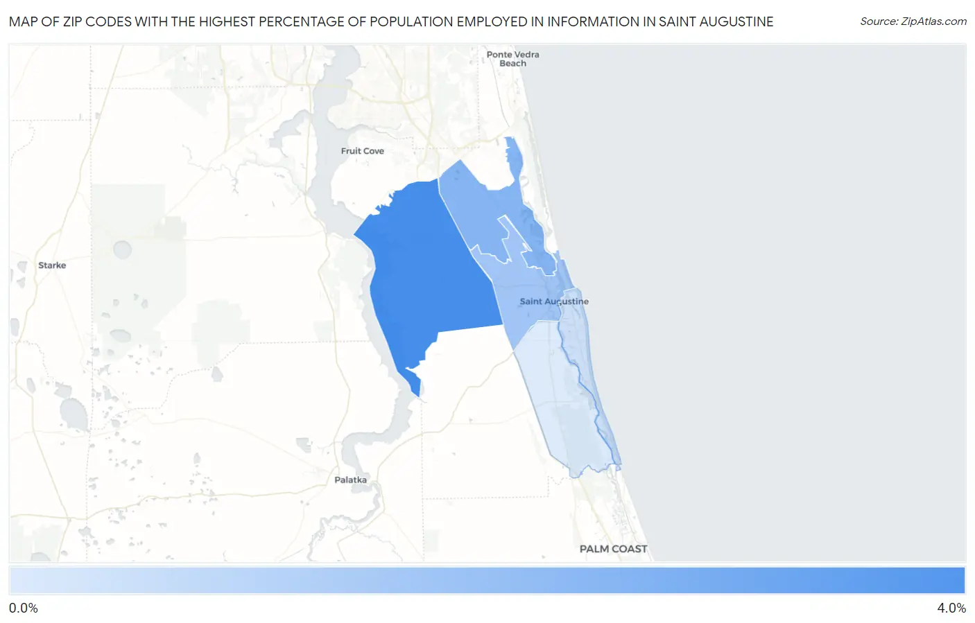 Zip Codes with the Highest Percentage of Population Employed in Information in Saint Augustine Map