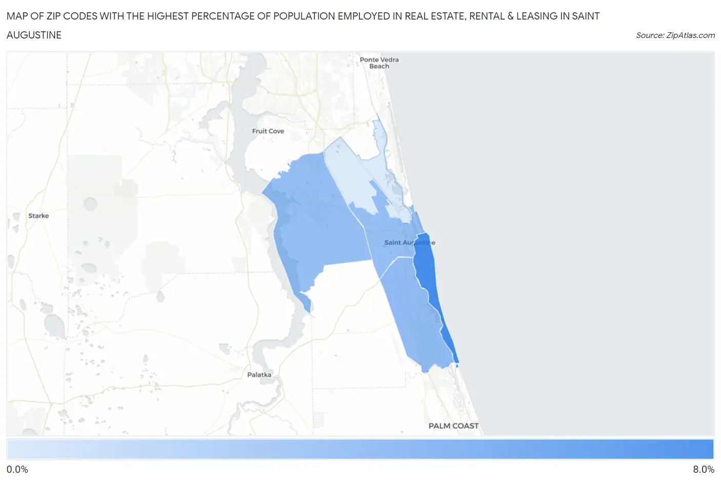 Zip Codes with the Highest Percentage of Population Employed in Real Estate, Rental & Leasing in Saint Augustine Map
