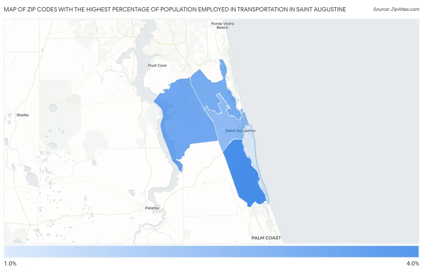 Zip Codes with the Highest Percentage of Population Employed in Transportation in Saint Augustine Map