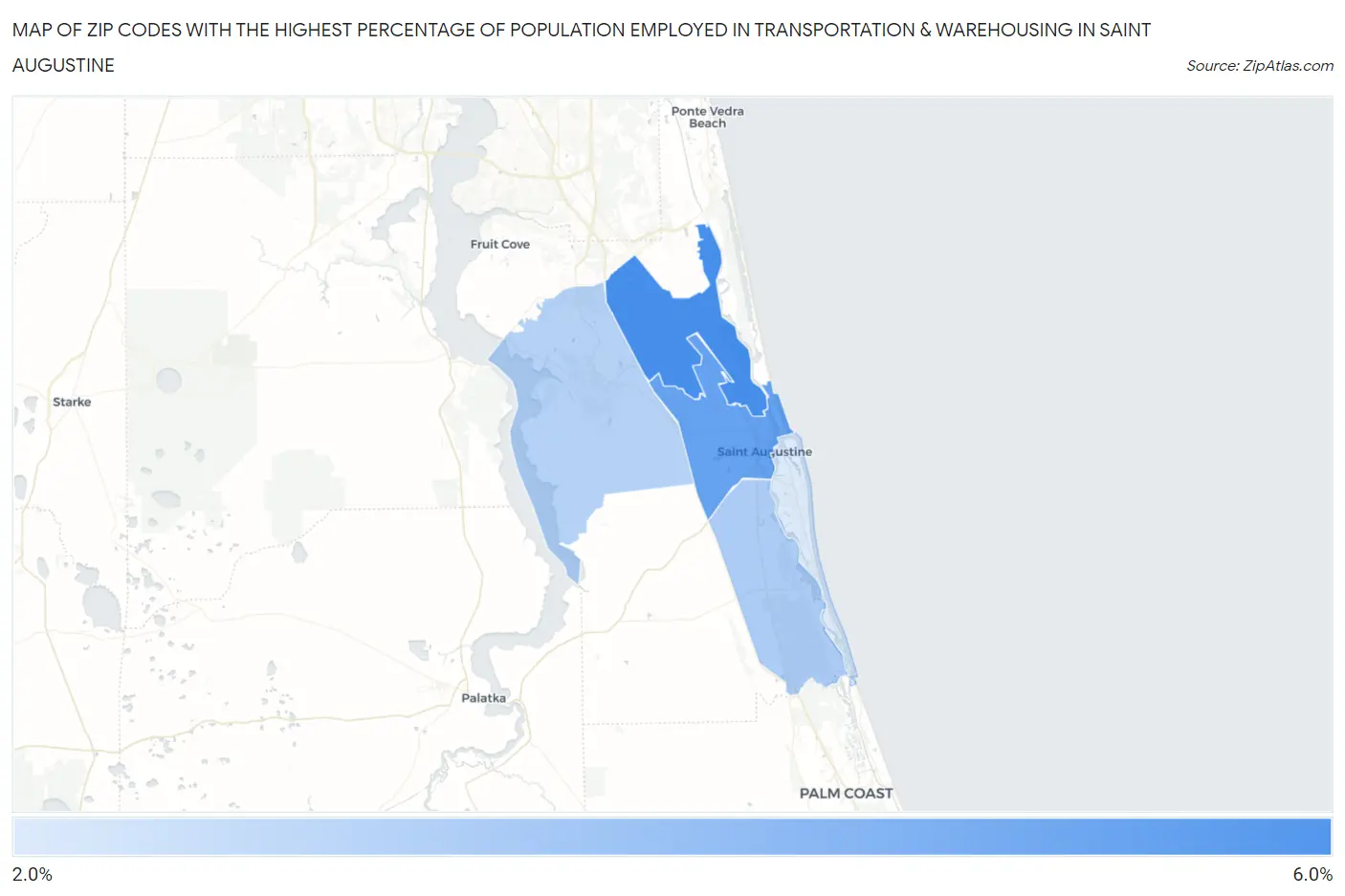 Zip Codes with the Highest Percentage of Population Employed in Transportation & Warehousing in Saint Augustine Map