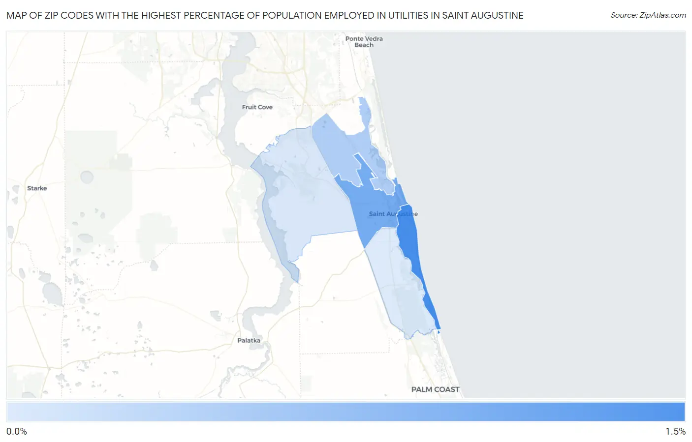 Zip Codes with the Highest Percentage of Population Employed in Utilities in Saint Augustine Map