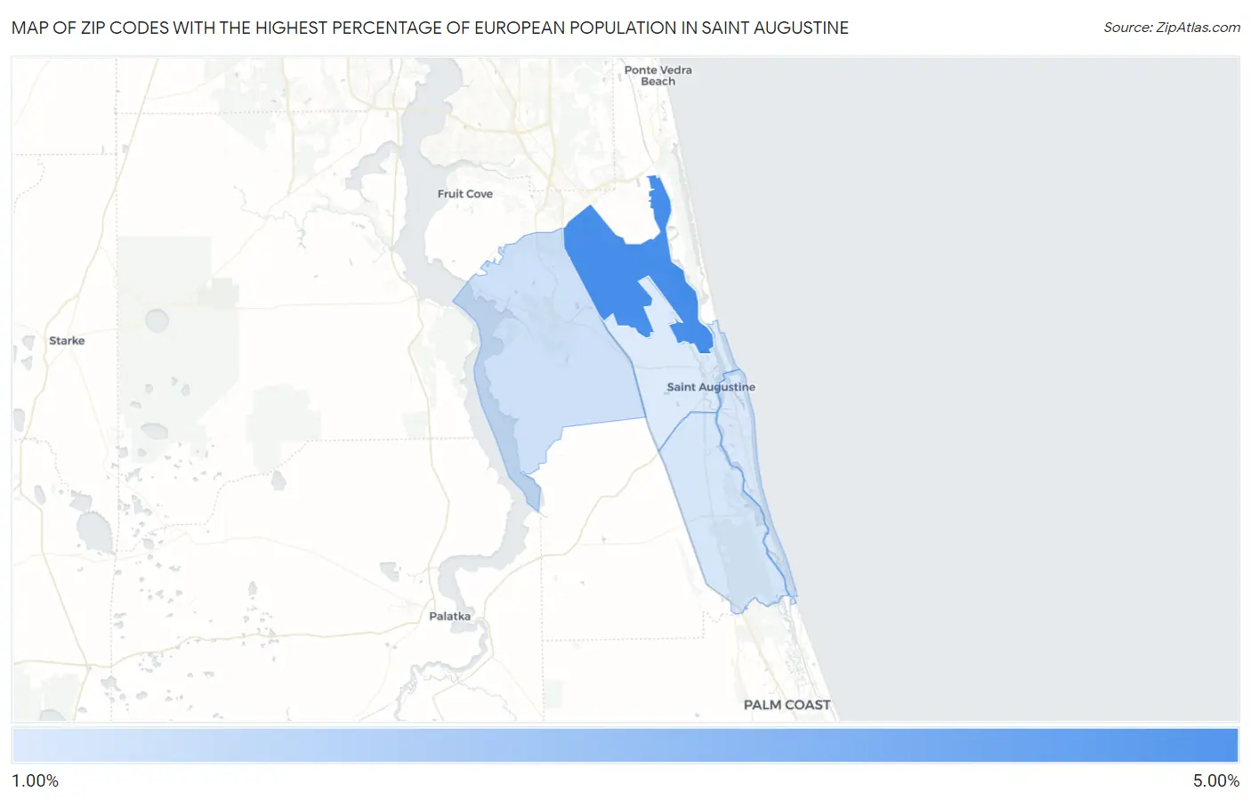 Zip Codes with the Highest Percentage of European Population in Saint Augustine Map