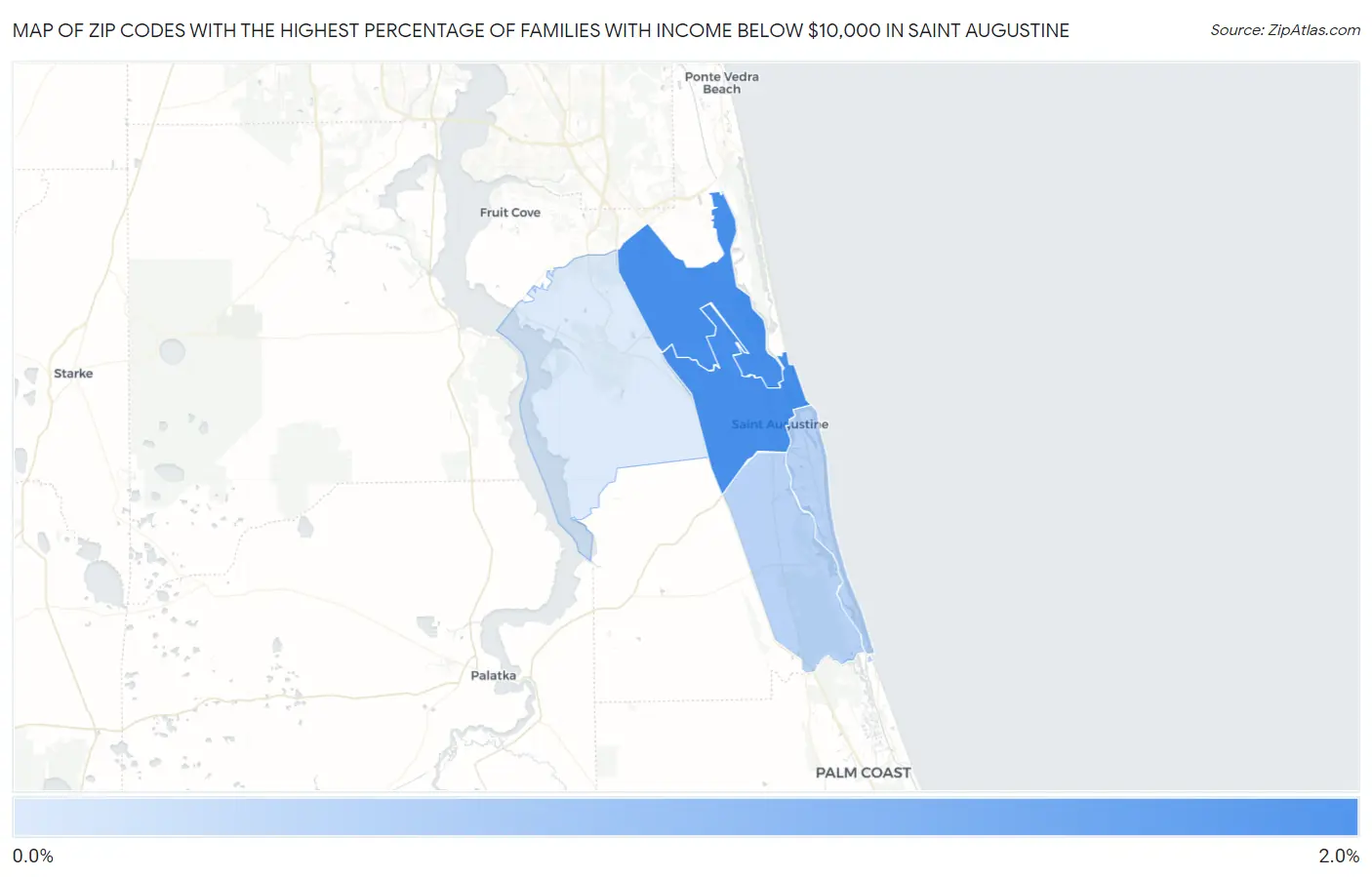 Zip Codes with the Highest Percentage of Families with Income Below $10,000 in Saint Augustine Map