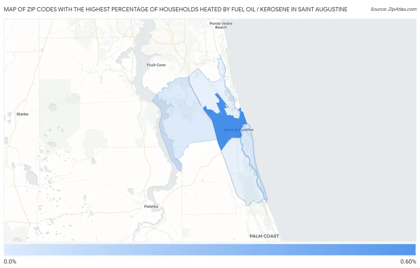 Zip Codes with the Highest Percentage of Households Heated by Fuel Oil / Kerosene in Saint Augustine Map