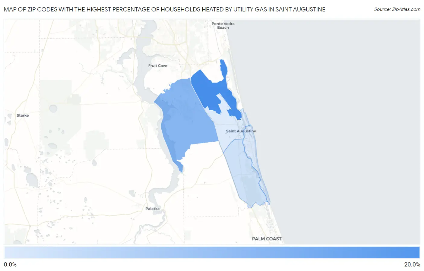 Zip Codes with the Highest Percentage of Households Heated by Utility Gas in Saint Augustine Map