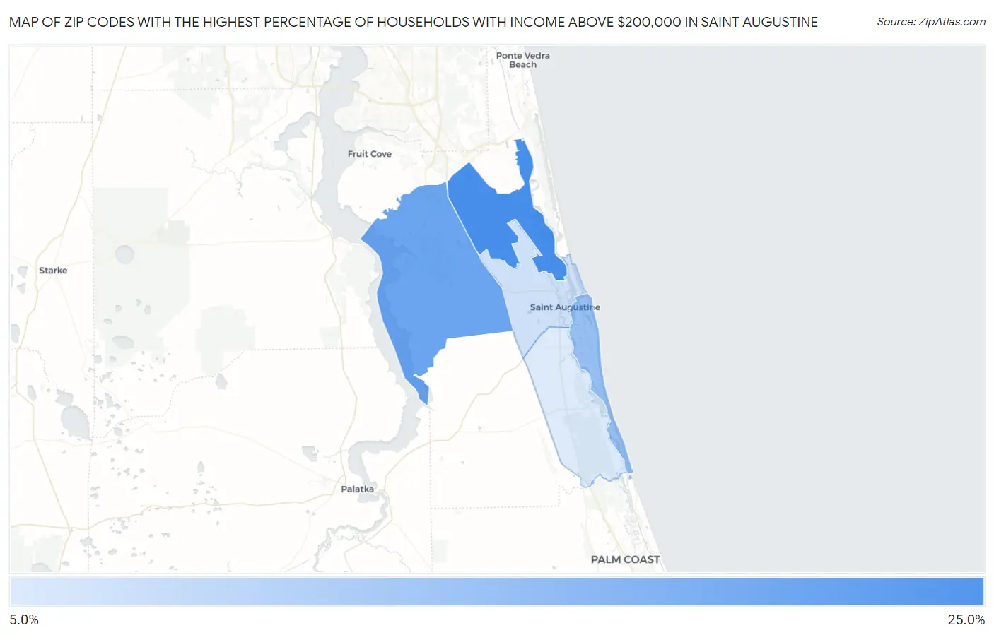 Zip Codes with the Highest Percentage of Households with Income Above $200,000 in Saint Augustine Map
